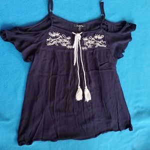 Navy off the shoulder top with white embroidery